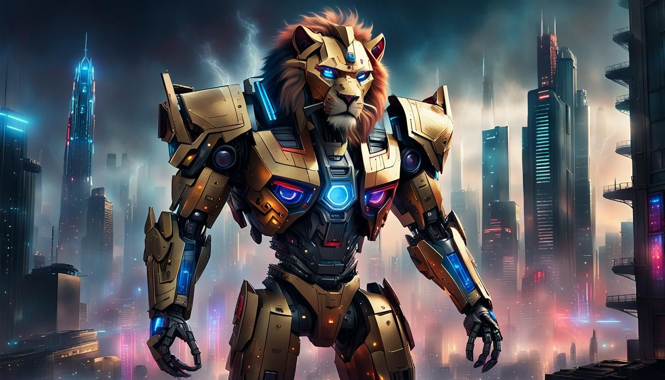 Cyberpunk Lion Robot Optimus Leo in Futuristic City