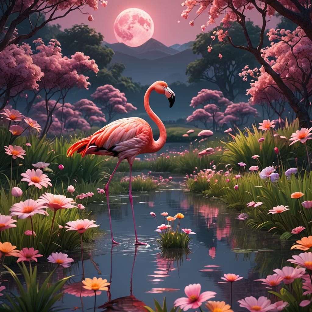 Flamingo Gazing at Pink Moon: 3D Digital Art