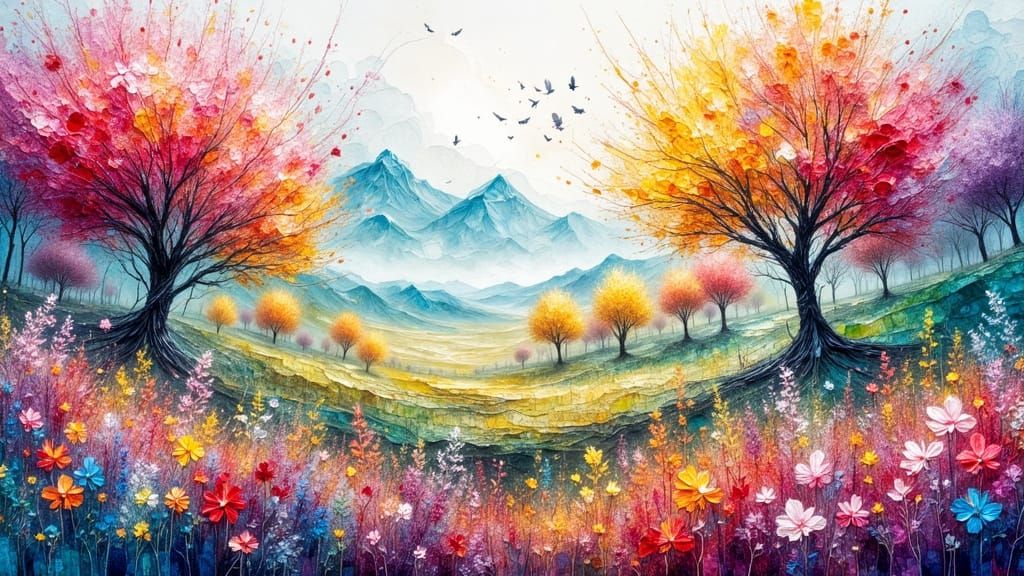 Dreamlike Spring Landscape in Expressive Watercolor Style