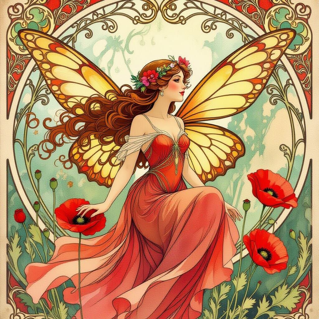 Alphonse Mucha Style Poppy Fairy in Watercolor