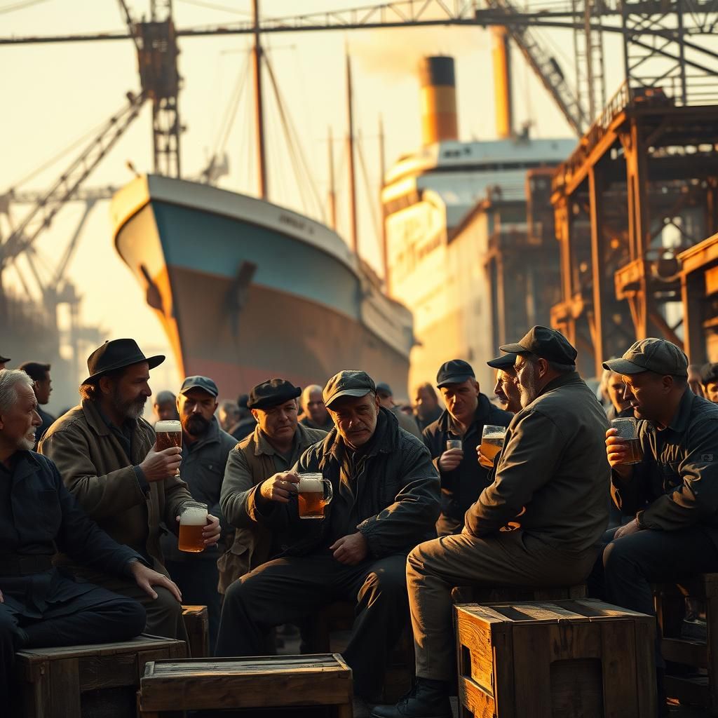 Nostalgic Shipyard Scene: Workers' Break in 1900