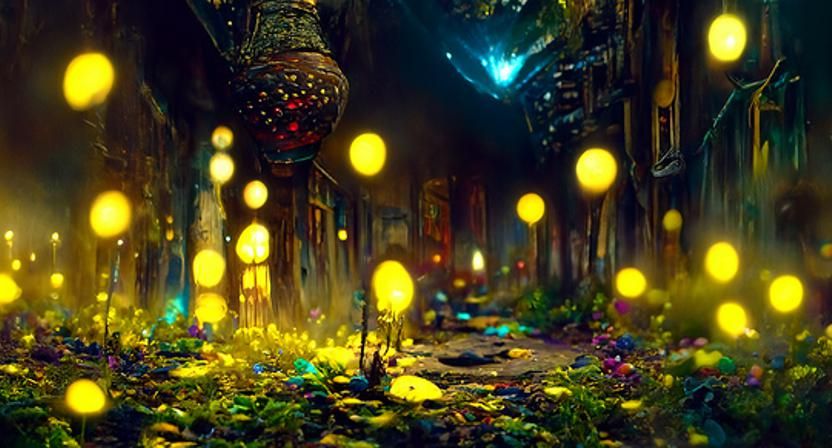 Steampunk Firefly Alleyway: Magical Realism Cityscape