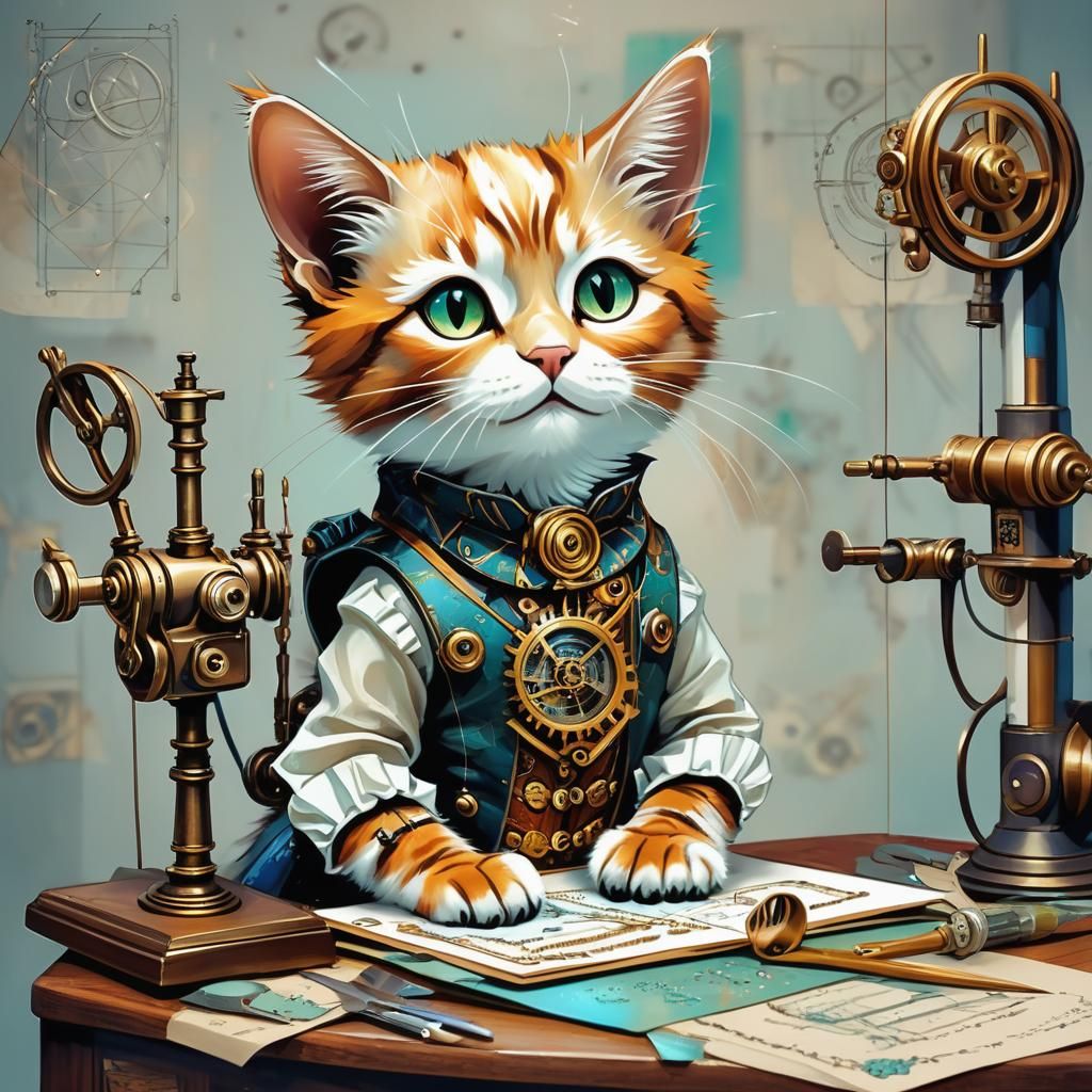 Steampunk Baby Cat Sewing Class, Mixed Media Illustration