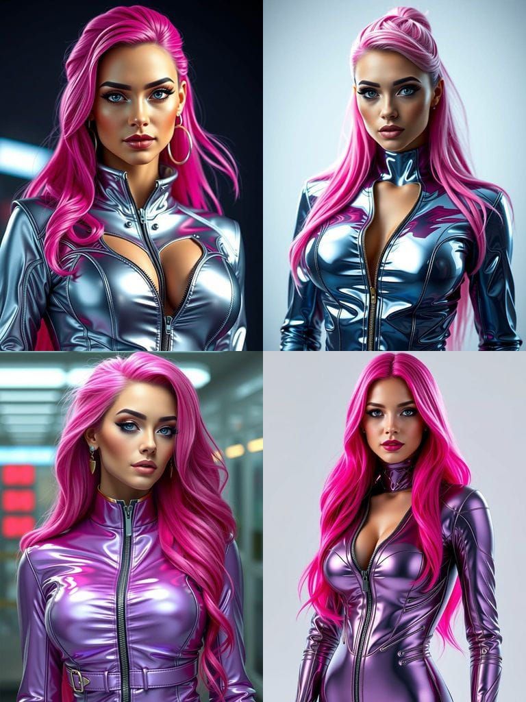 Woman with Pink Hair in Futuristic Chrome Style