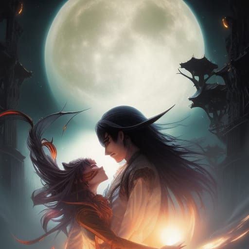 Vampire Embrace Under Fractal Sci-Fi Moon