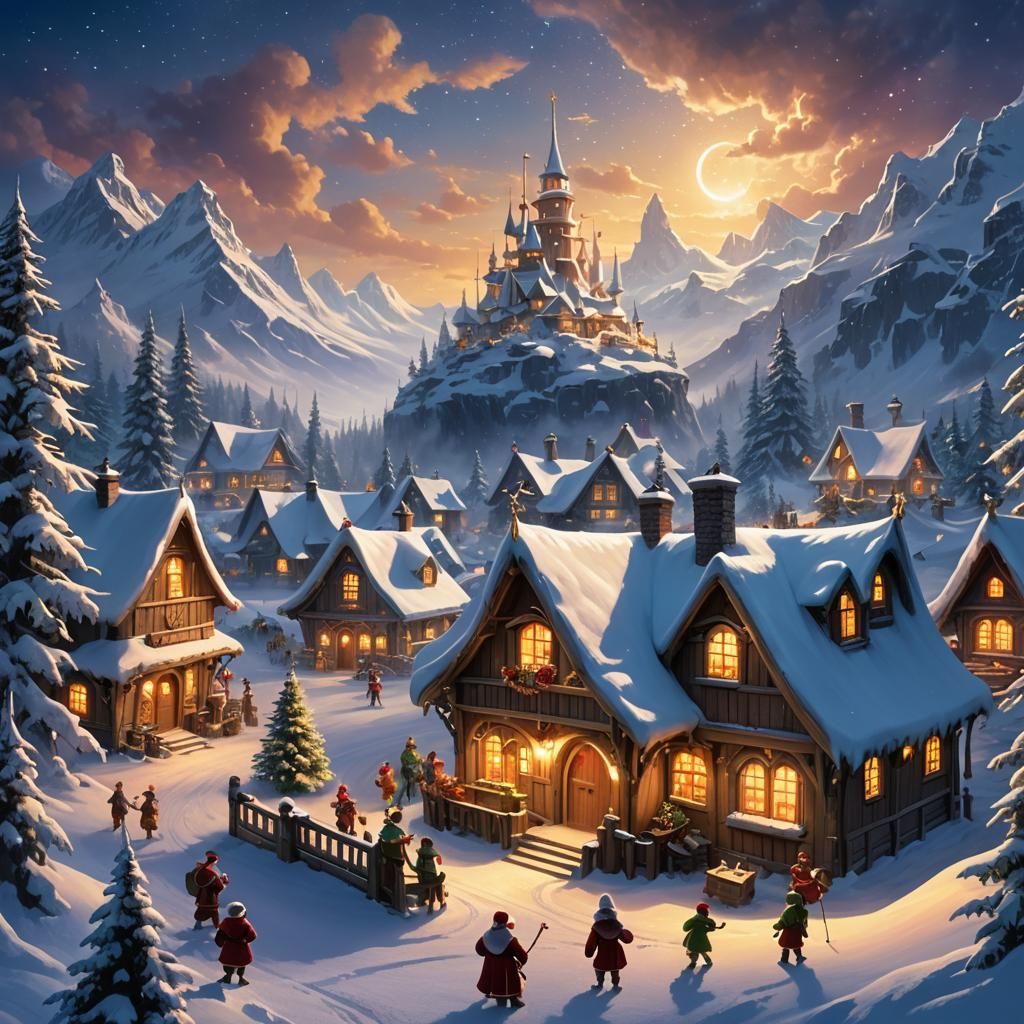 A fantastically detailed Santa's workshop in a snowy winter wonderland at the North pole, Northern Lights in a star fill...