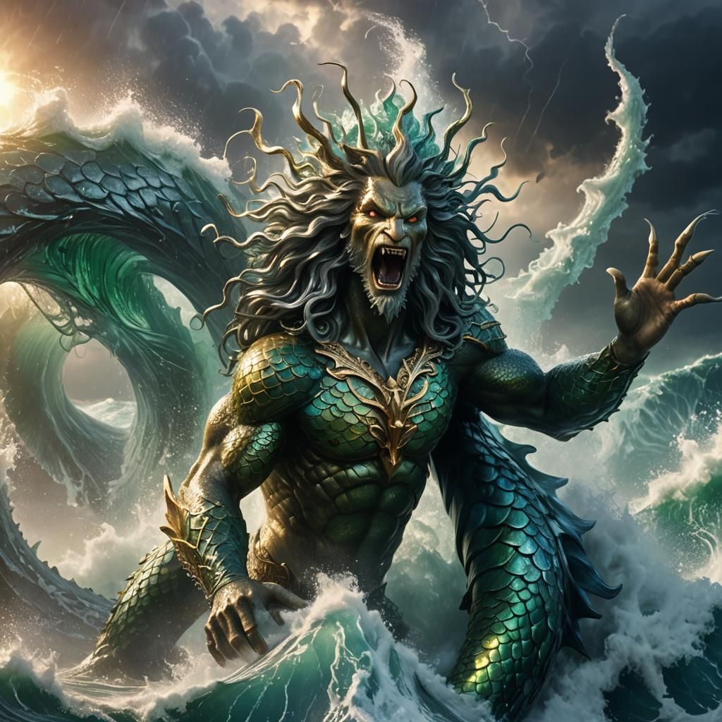 Majestic Mermaid King Rides Serpent in Tornado Wave
