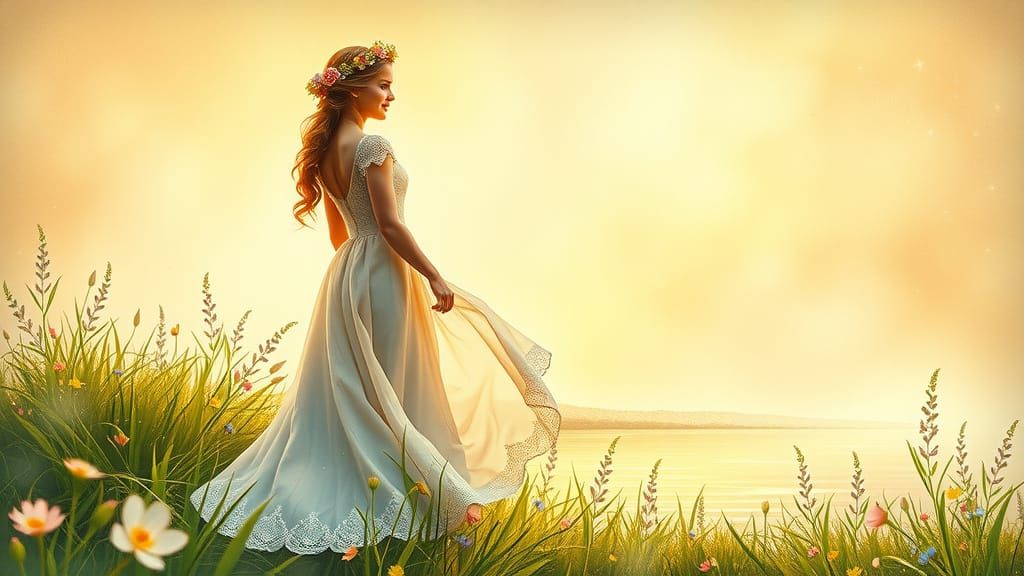 Ethereal Girl in Meadow with Holographic Flowers