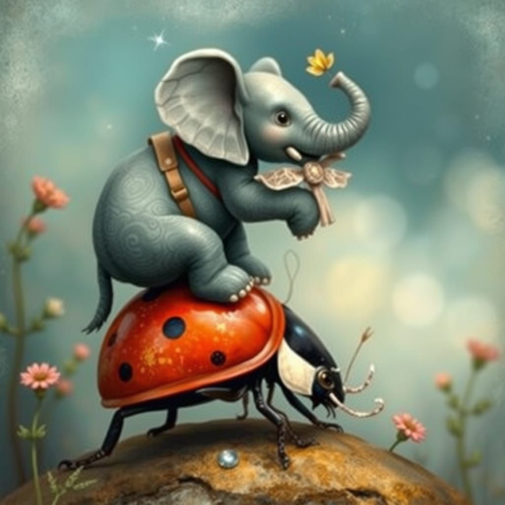 Elephant Balances on Ladybug in Whimsical Dreamlike Scene