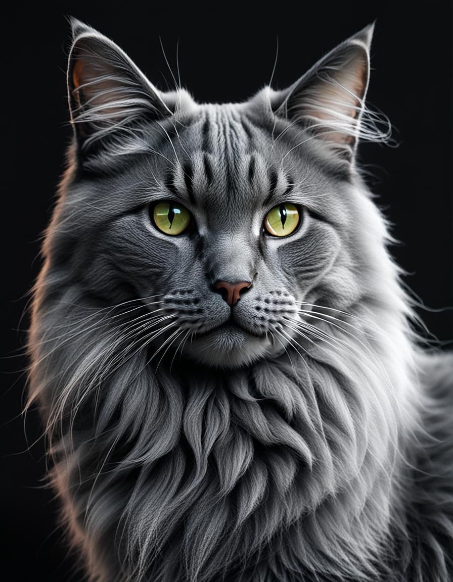 Detailed Long-Haired Dark Grey Cat Portrait