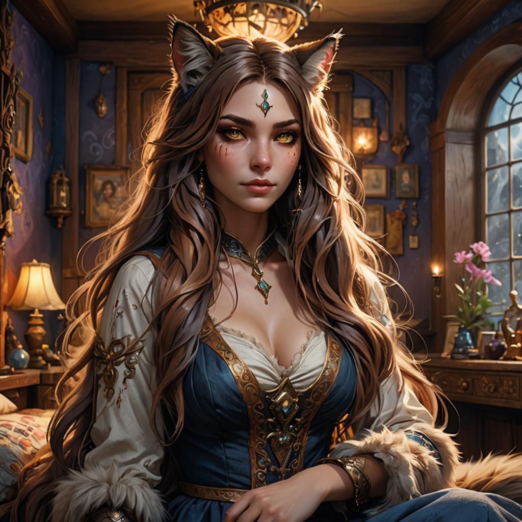 Beautiful Catgirl in a Mystical Bedroom