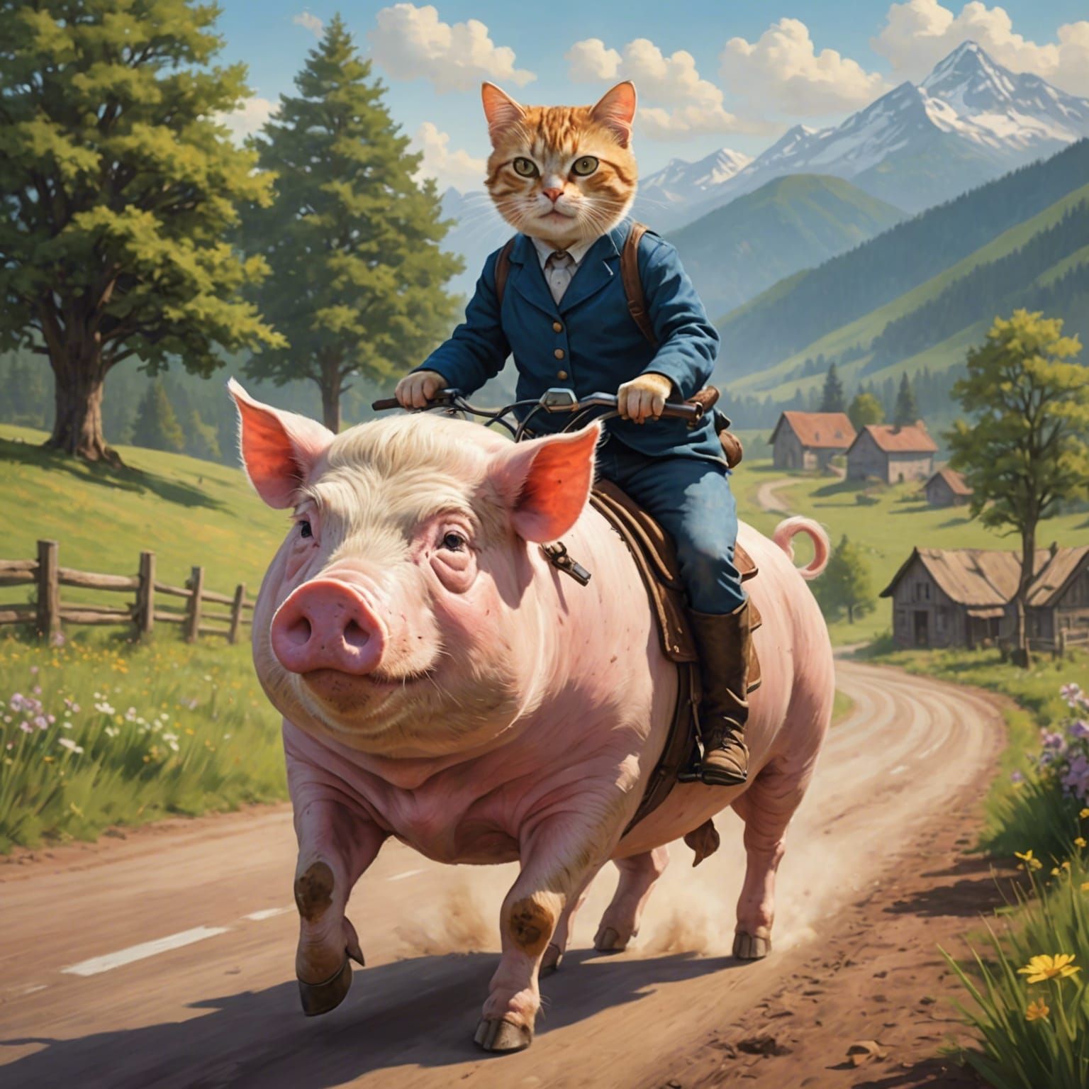 Cat Rides Pig in Whimsical Scene