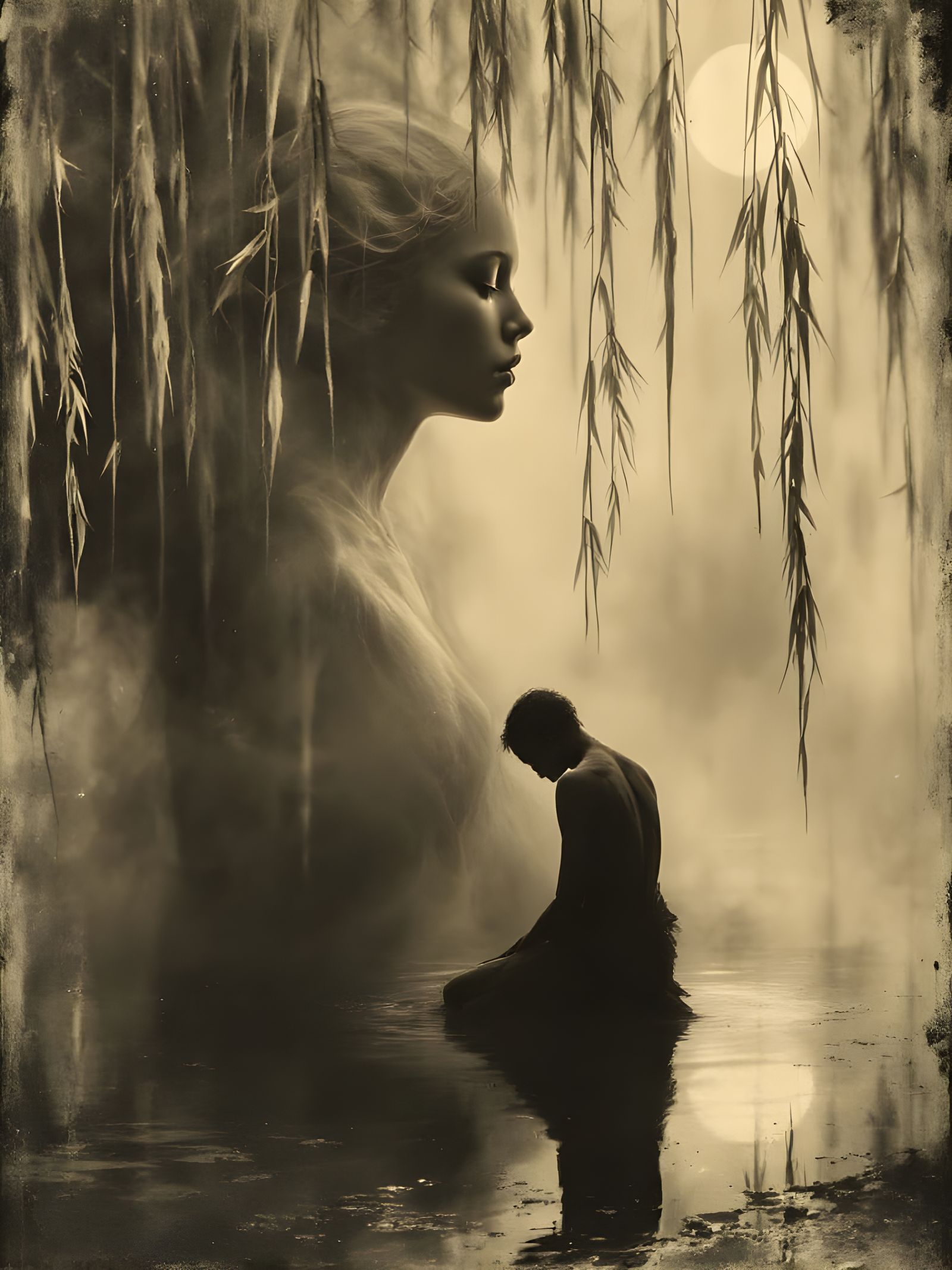 Tragic Figure Reflects in Moonlit Stream, Surreal Style