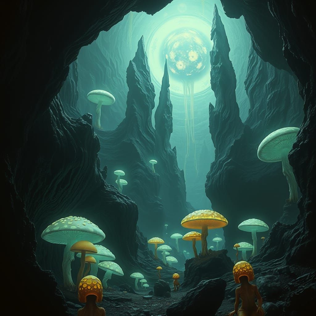 Bioluminescent Creatures in a Mystical Underground Abyss