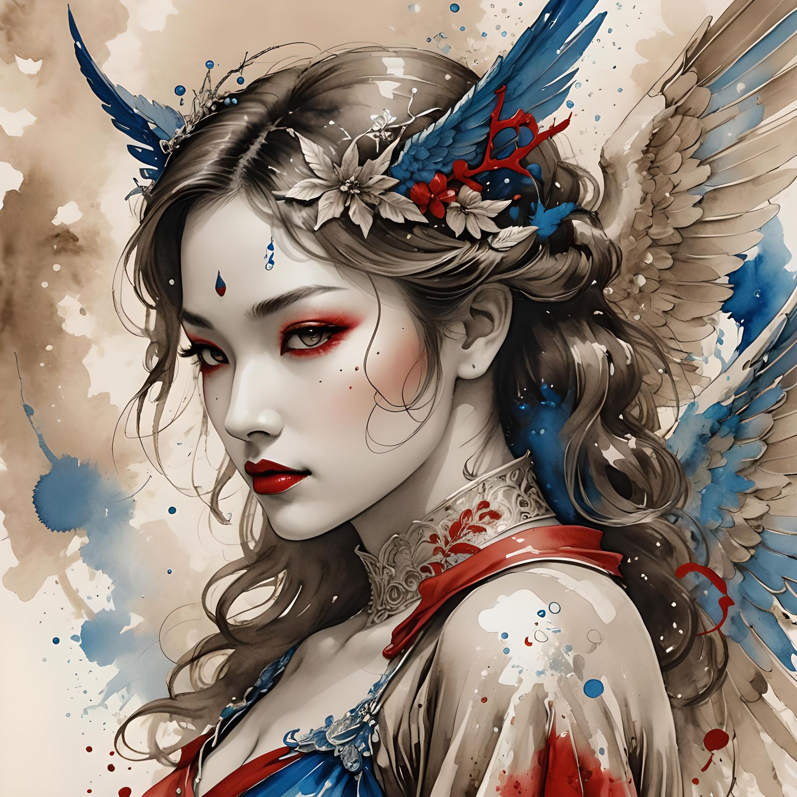 Angel and Demon Fusion in Sumi-e Style