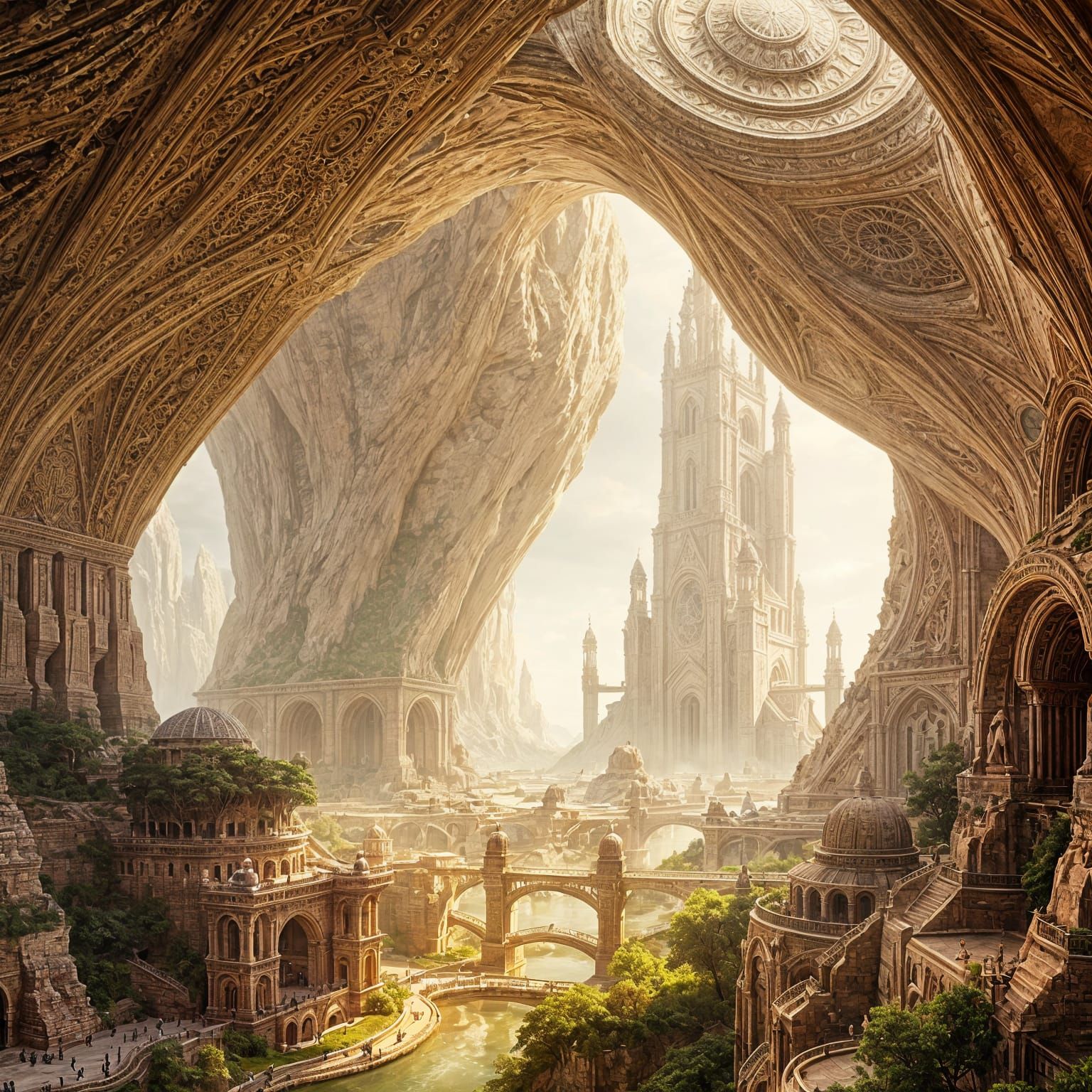 Ethereal City Within a Gargantuan Stone in Cinematic Style