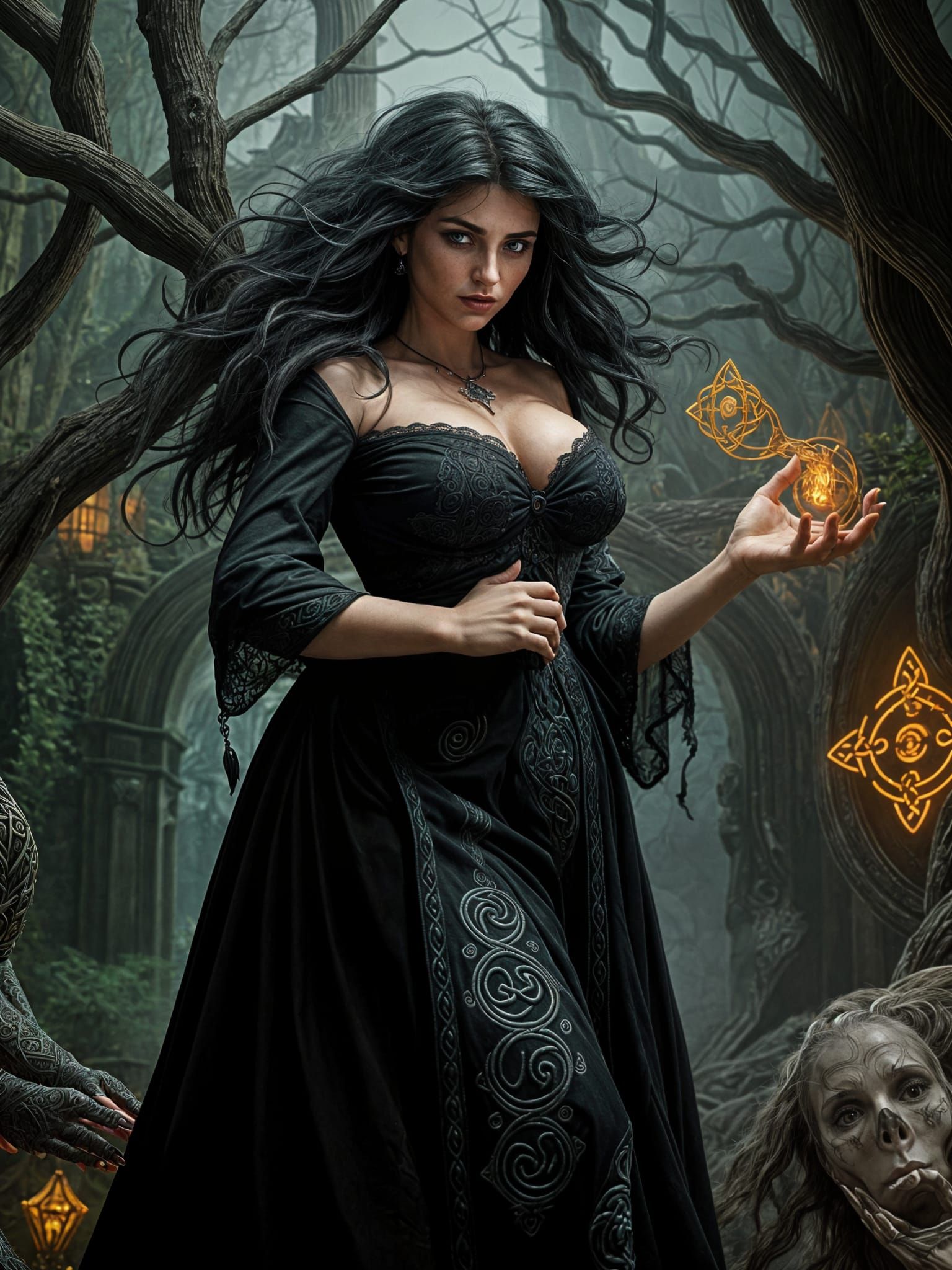 A Celtic witch is working feverishly