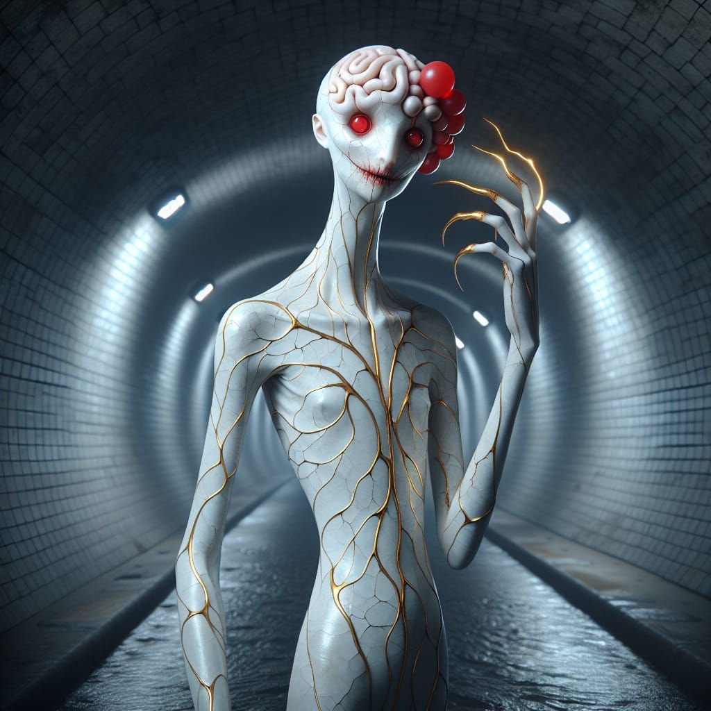 Eerie Porcelain Figure in Sewer Tunnel Digital Art