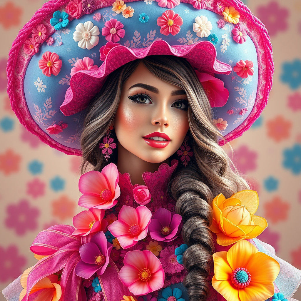 Rainbow Woman in Floral Hat: Postmodern Digital Art