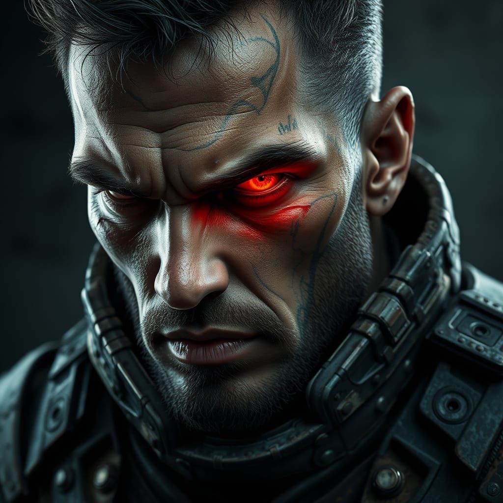 Dark Warrior in Futuristic Armor, Cyberpunk Close-Up