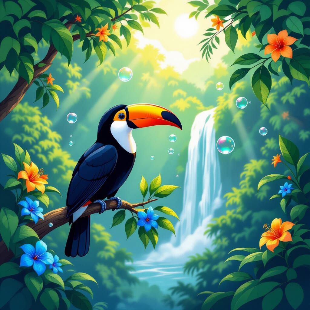 Black Toucan in Bioluminescent Tropical Forest