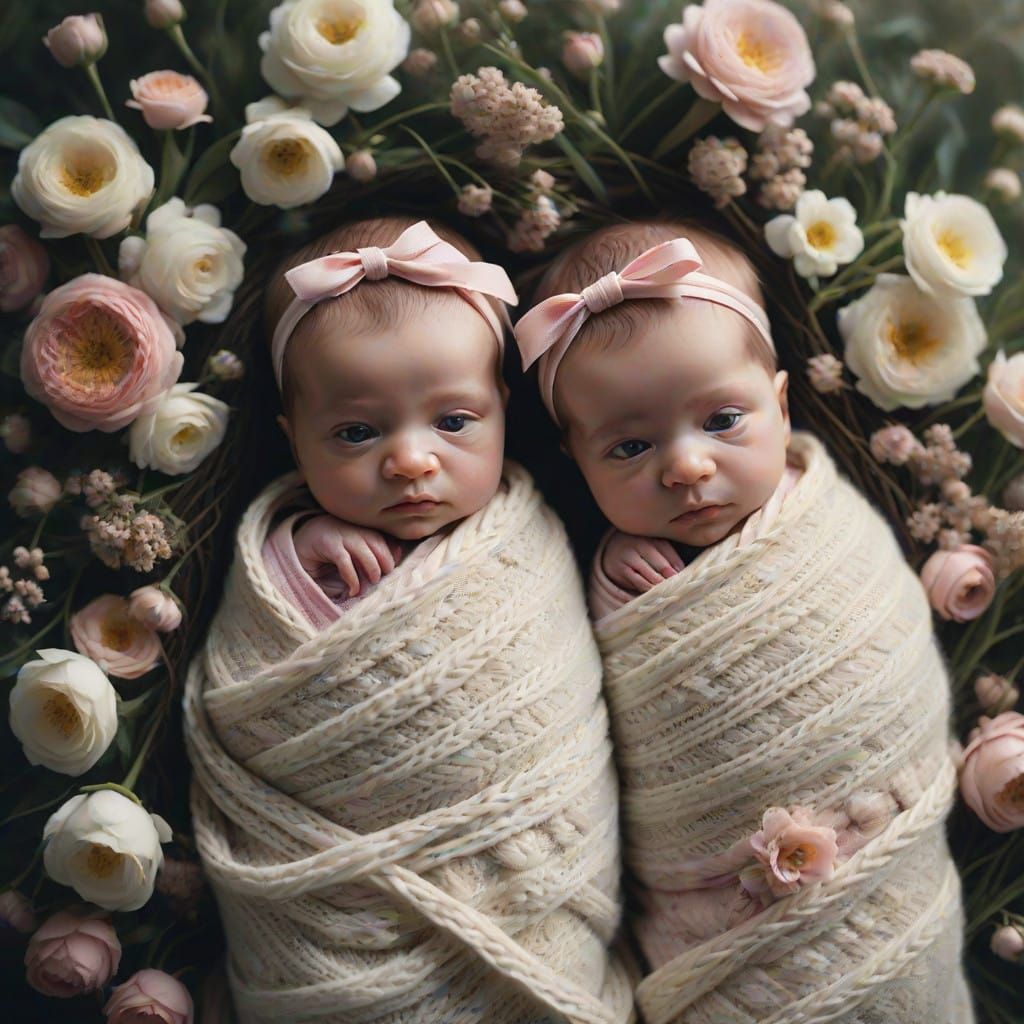 Twin Baby Girls in a Dreamy Floral Setting