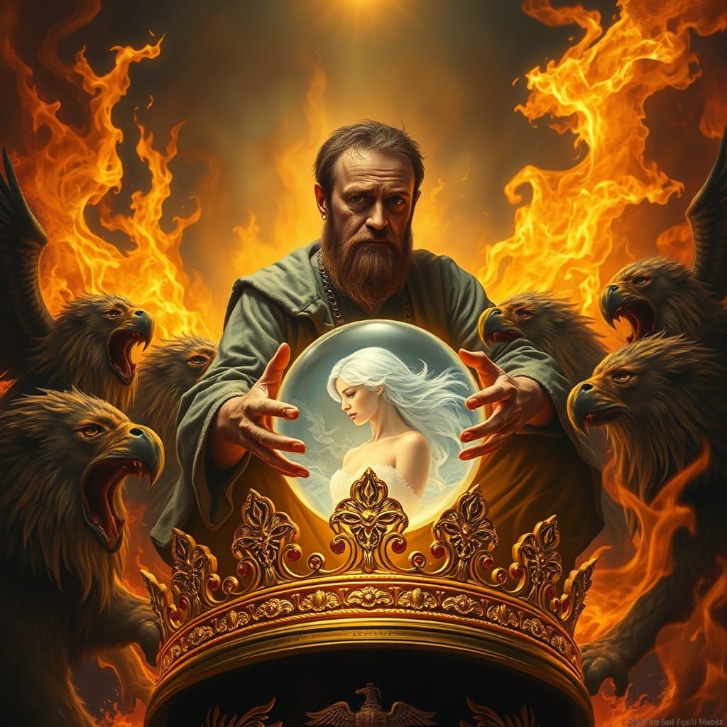 Weary King on Crown Gazes into Crystal Sphere with Queen