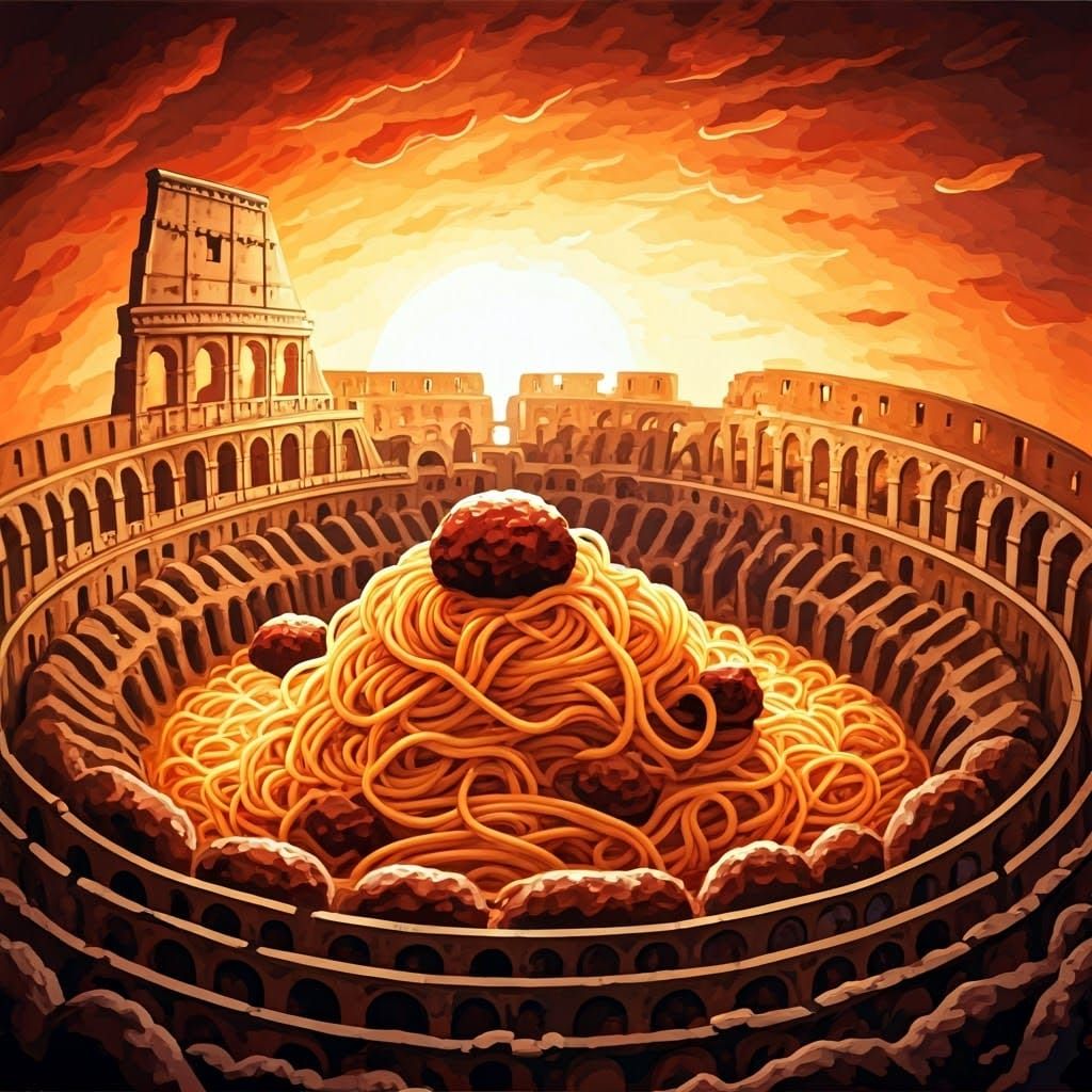 giant spaghetti and meatballs filling the Colosseum!
