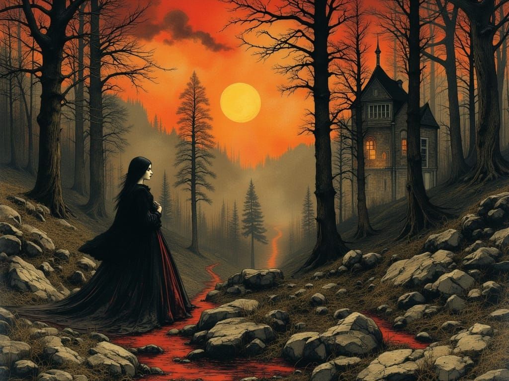 Gothic Woman in Surreal Forest at Sunset
