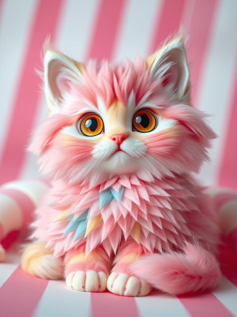 Ultra-Cute Fantasy Cat in Whimsical Striped Background