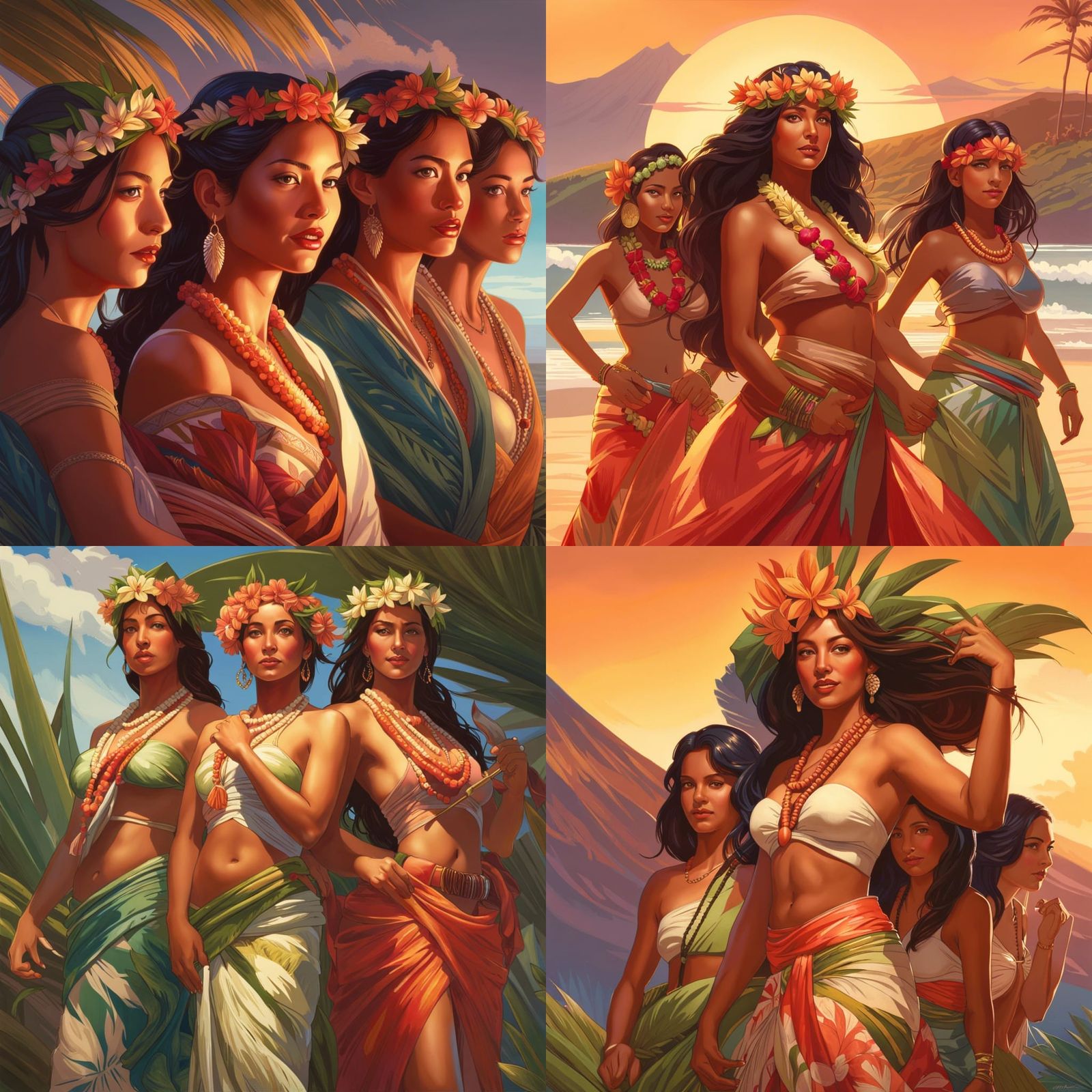 Hawaiian Hula Girls Portrait in Digital Art Style
