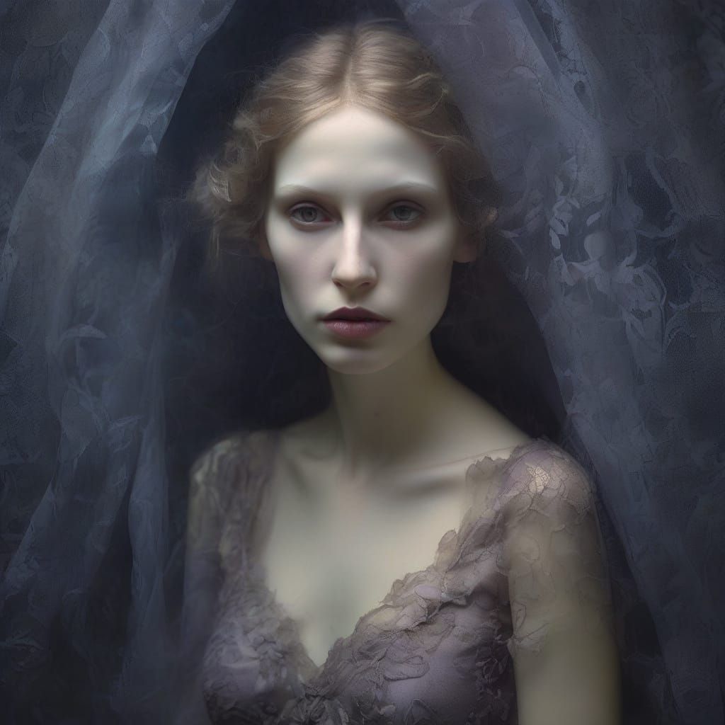 Ethereal Vampire Portrait in Tulle Fabric, A Haunting Symbol...