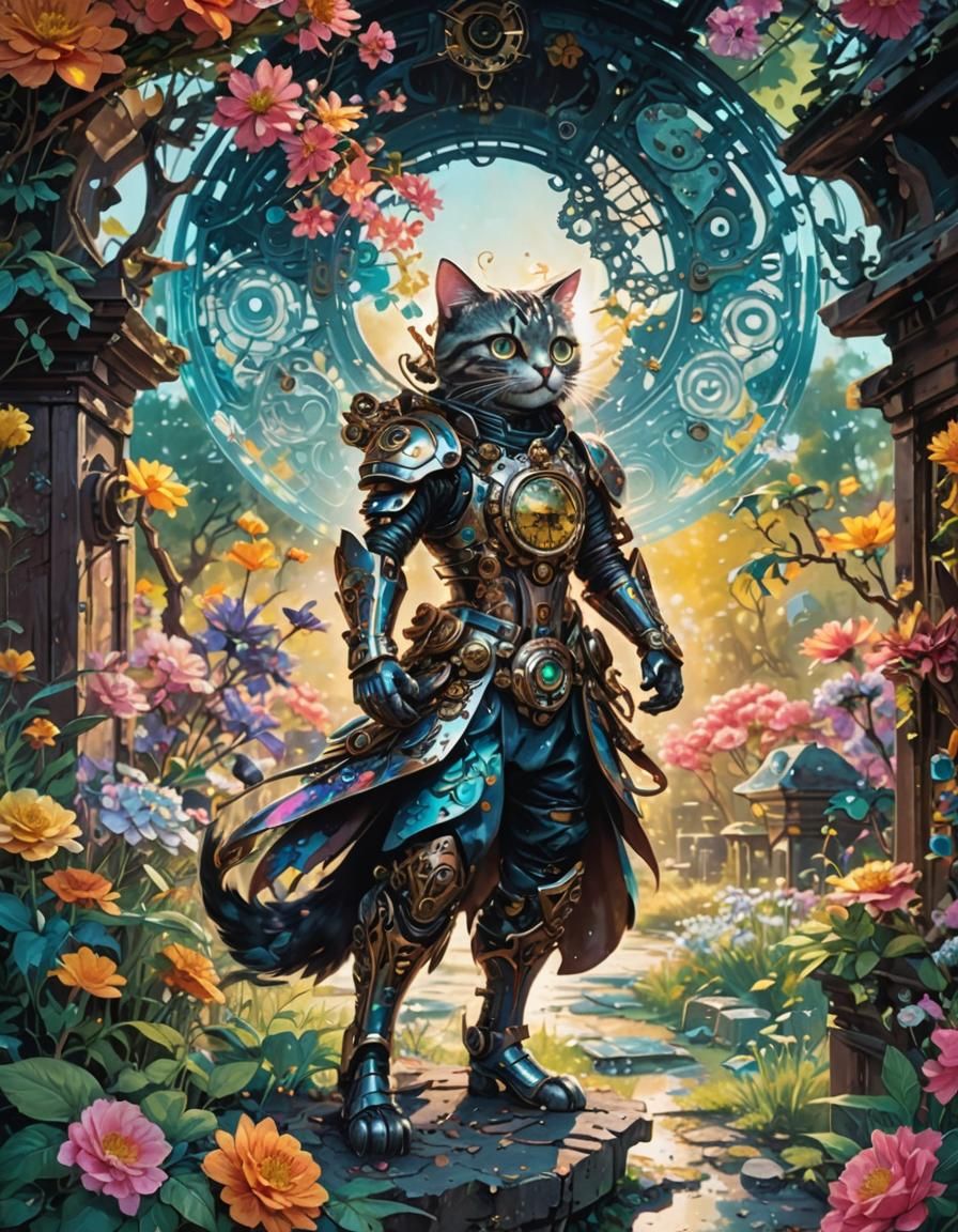 Clockpunk Cyborg Cat Portrait in Iridescent Colors