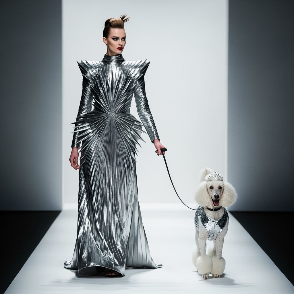 High Fashion Model and Poodle in Avant-Garde Silver Dress