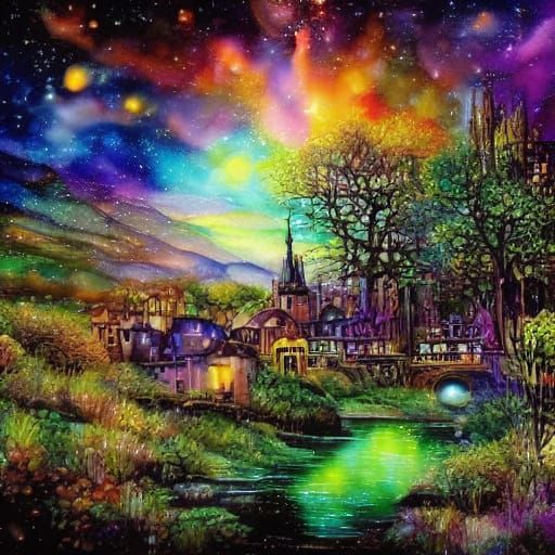 Fantasy Cityscape Under Full Moon with Stars and Mist