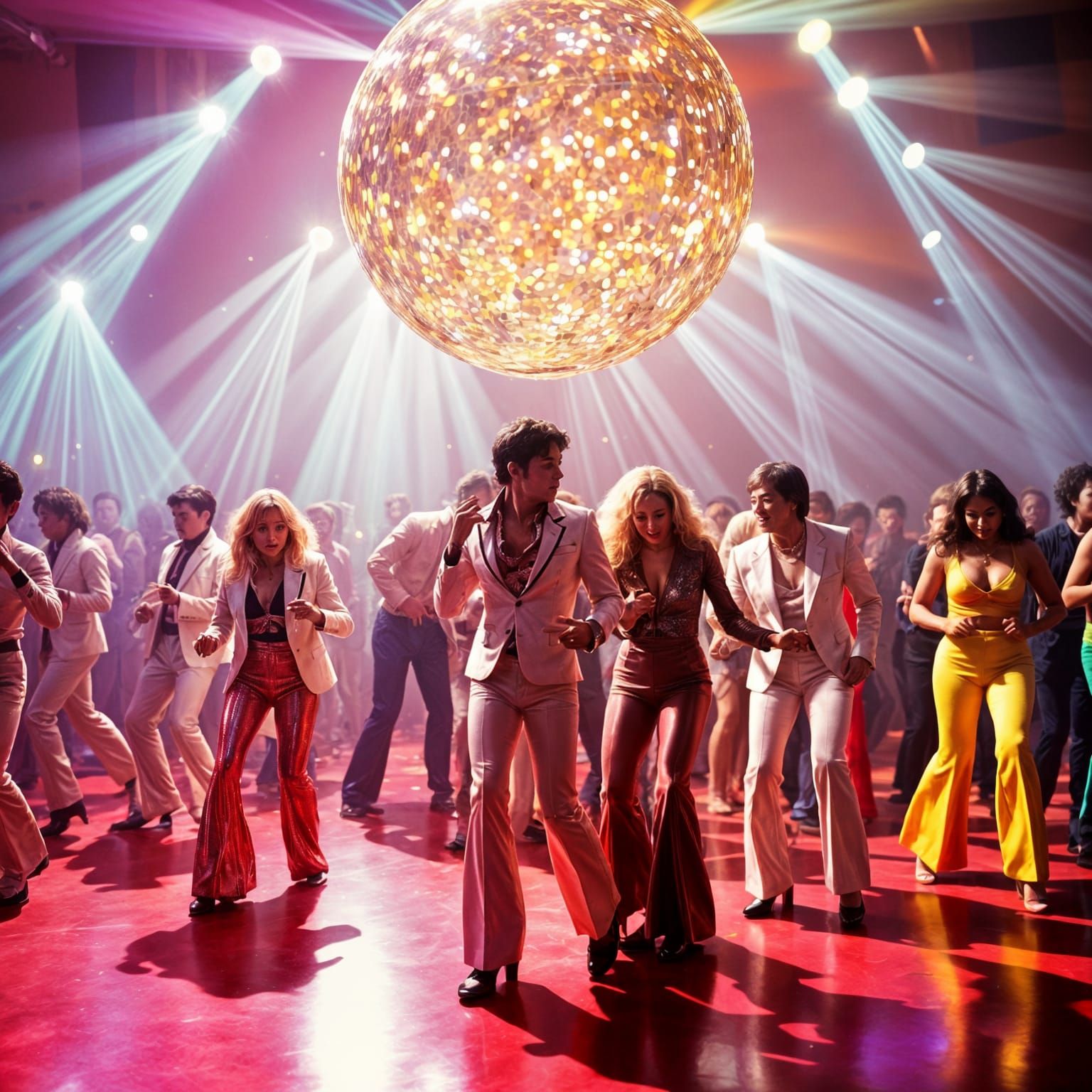 Glamorous 1970s Disco Scene with Rotating Glitter Ball