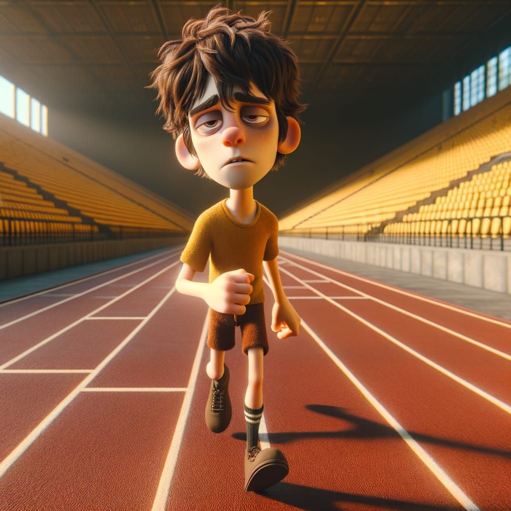 Stylized 3D Character Jogging in Empty Stadium