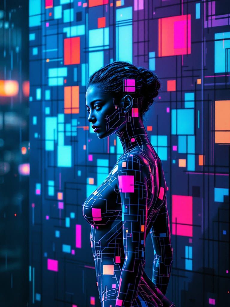 Woman Merges with Geometric Wall in Cyberpunk Style