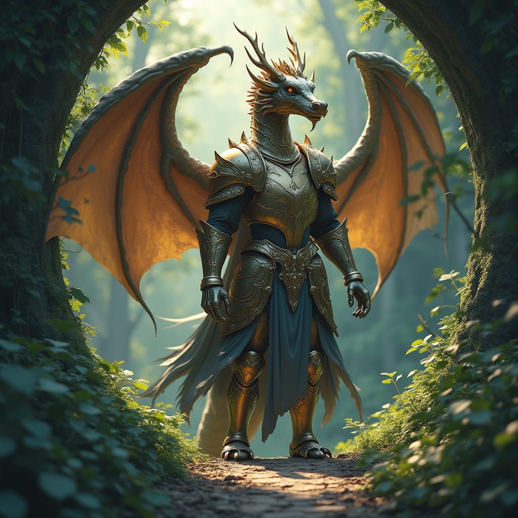 Brass Dragon Knight Guards Ancient Portal in Vibrant, Detail...