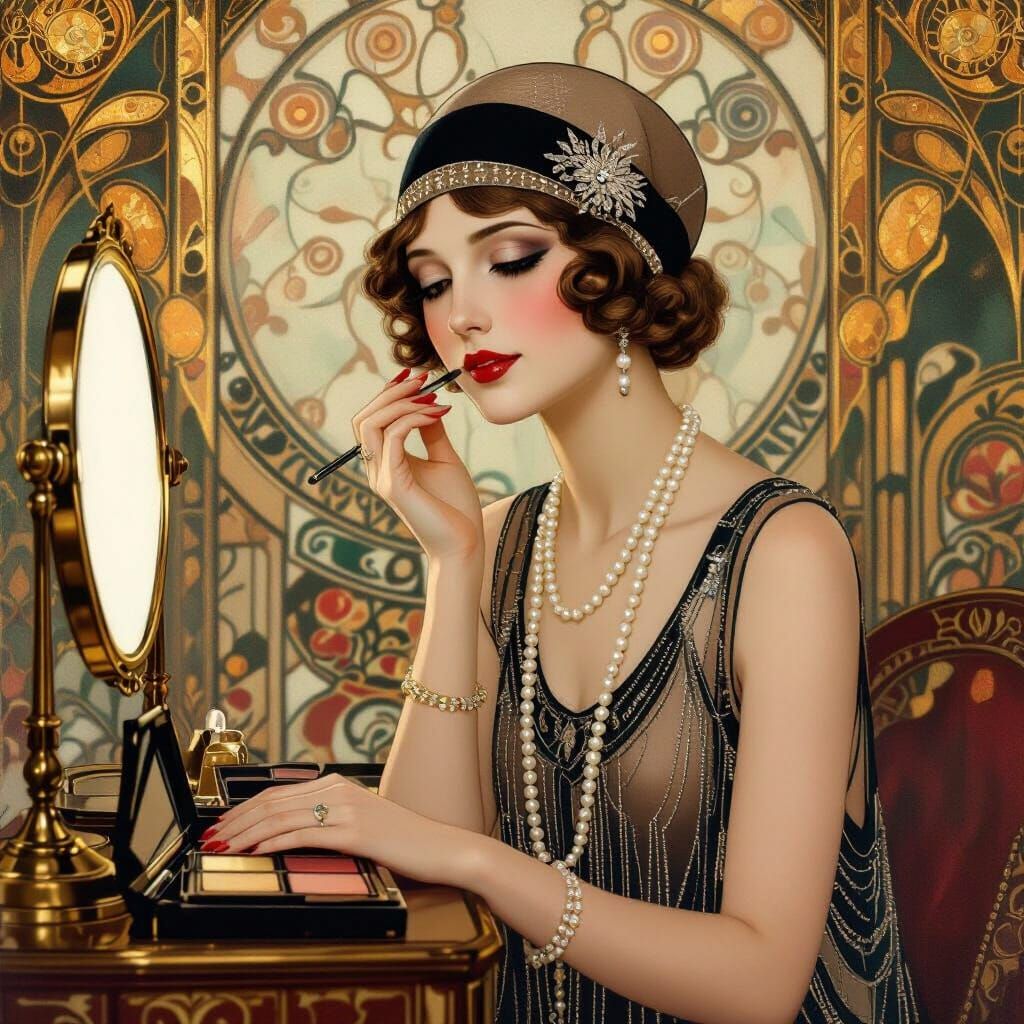 Flapper in Klimt Style Applies Makeup