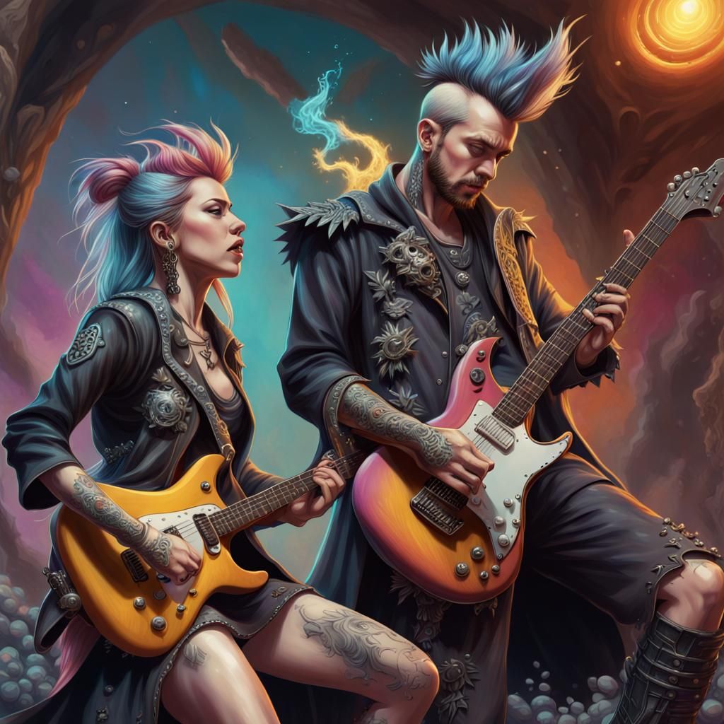 Punk Rock Wizards Playing Guitar in Splash Art Style