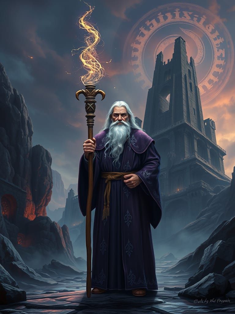 Mage in Twilight Landscape: Matte Painting Style