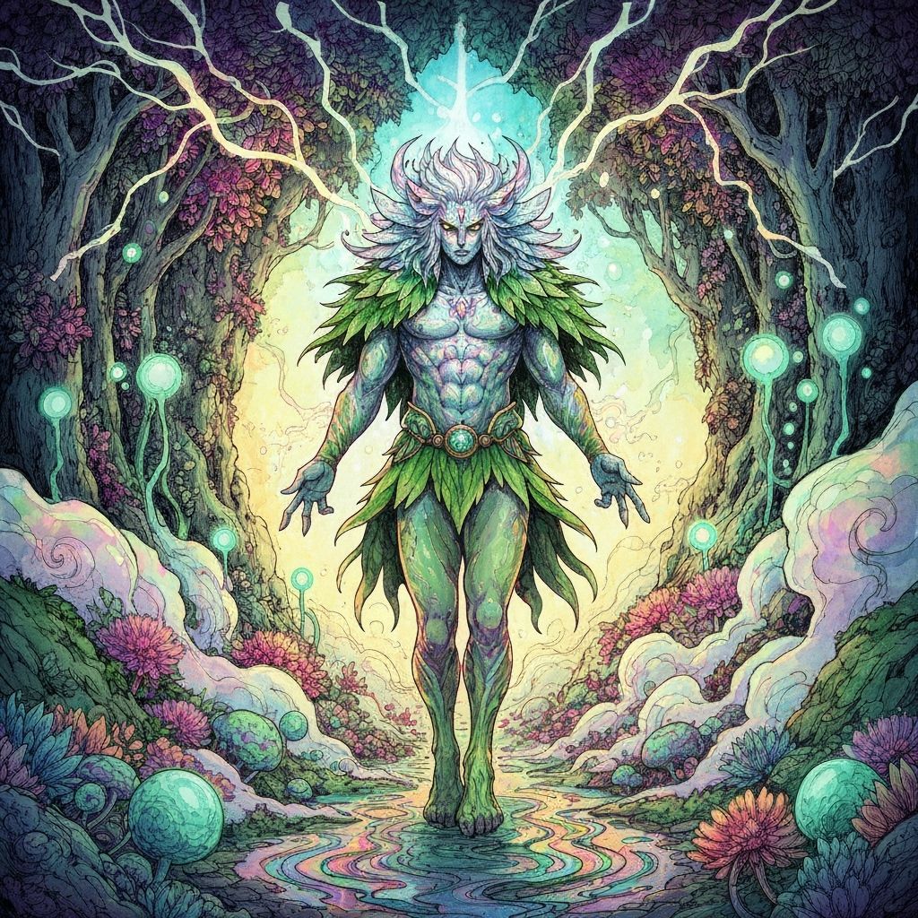 Mystical Forest Creature in Psychedelic Watercolor Style