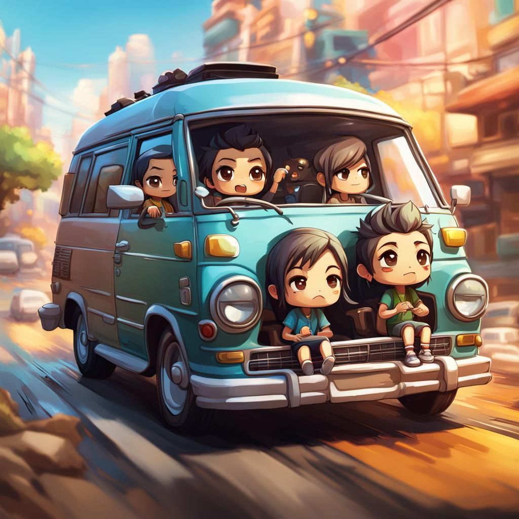 Chibi Family Road Trip: Hyperrealistic Concept Art
