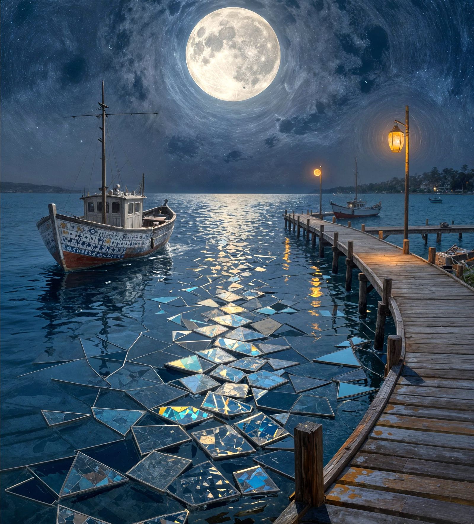 Surreal Moonlit Harbor with Shattered Waters