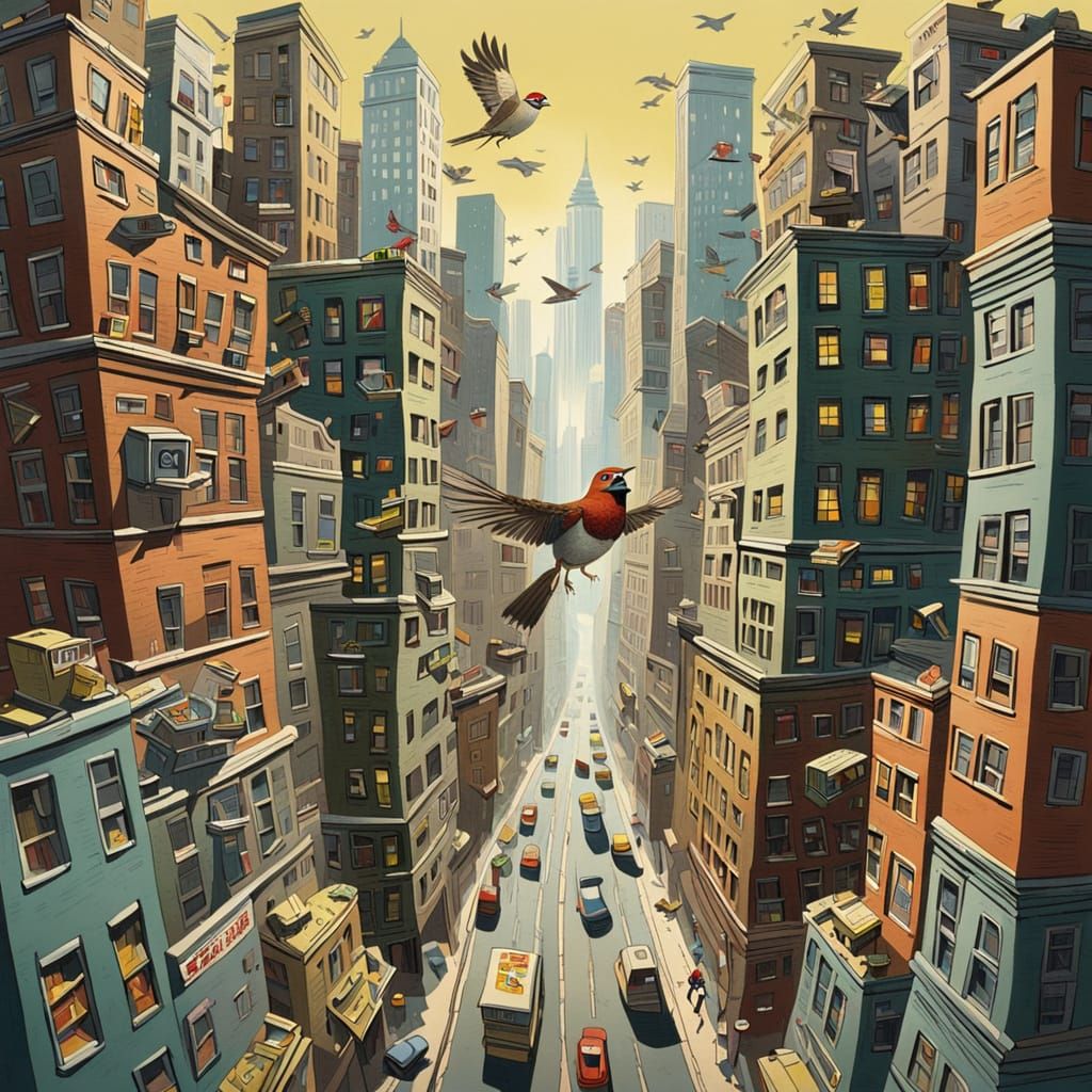 Giant Sparrow Over Tiny Matchbox City