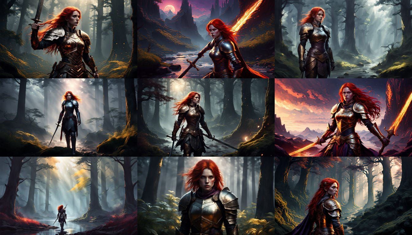 Ethereal Red-Haired Warrior in Dark Fantasy Armor