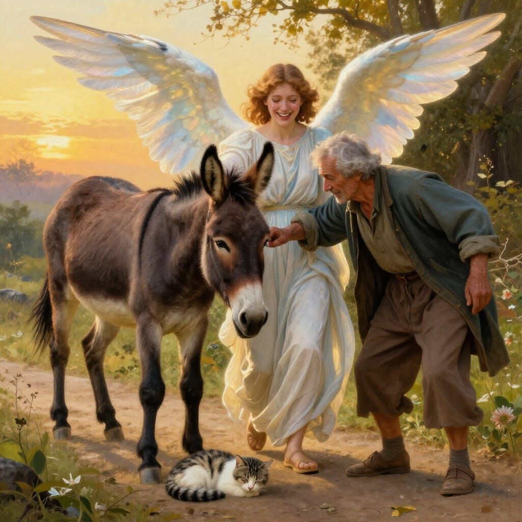 Angel Weeps Joy Watching Elder With Stubborn Mule in Golden ...