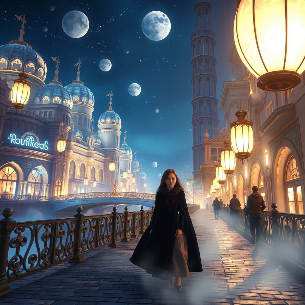 Magical Fantasy City at Night with Starlight Rivers