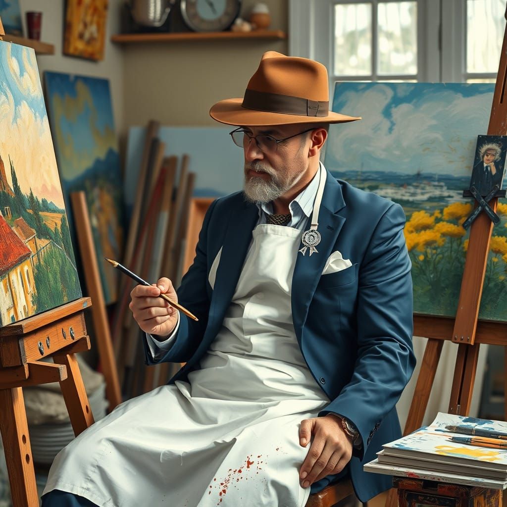 Stylish Gentleman in Home Studio, Painting in Oil